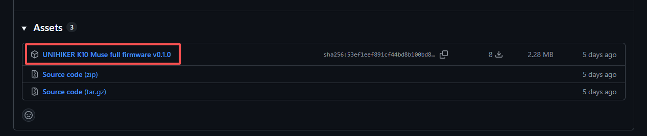 GitHub release assets with the UNIHIKER K10 Muse full firmware v0.1.0 download highlighted.