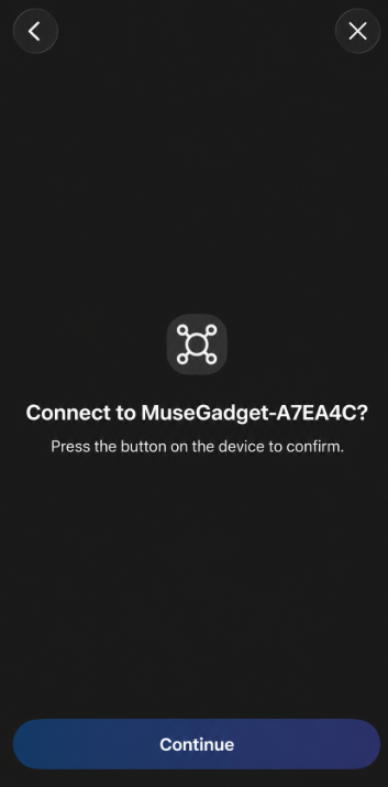 Muse app pairing prompt for MuseGadget-A7EA4C asking for a button press on the device; press A on K10.