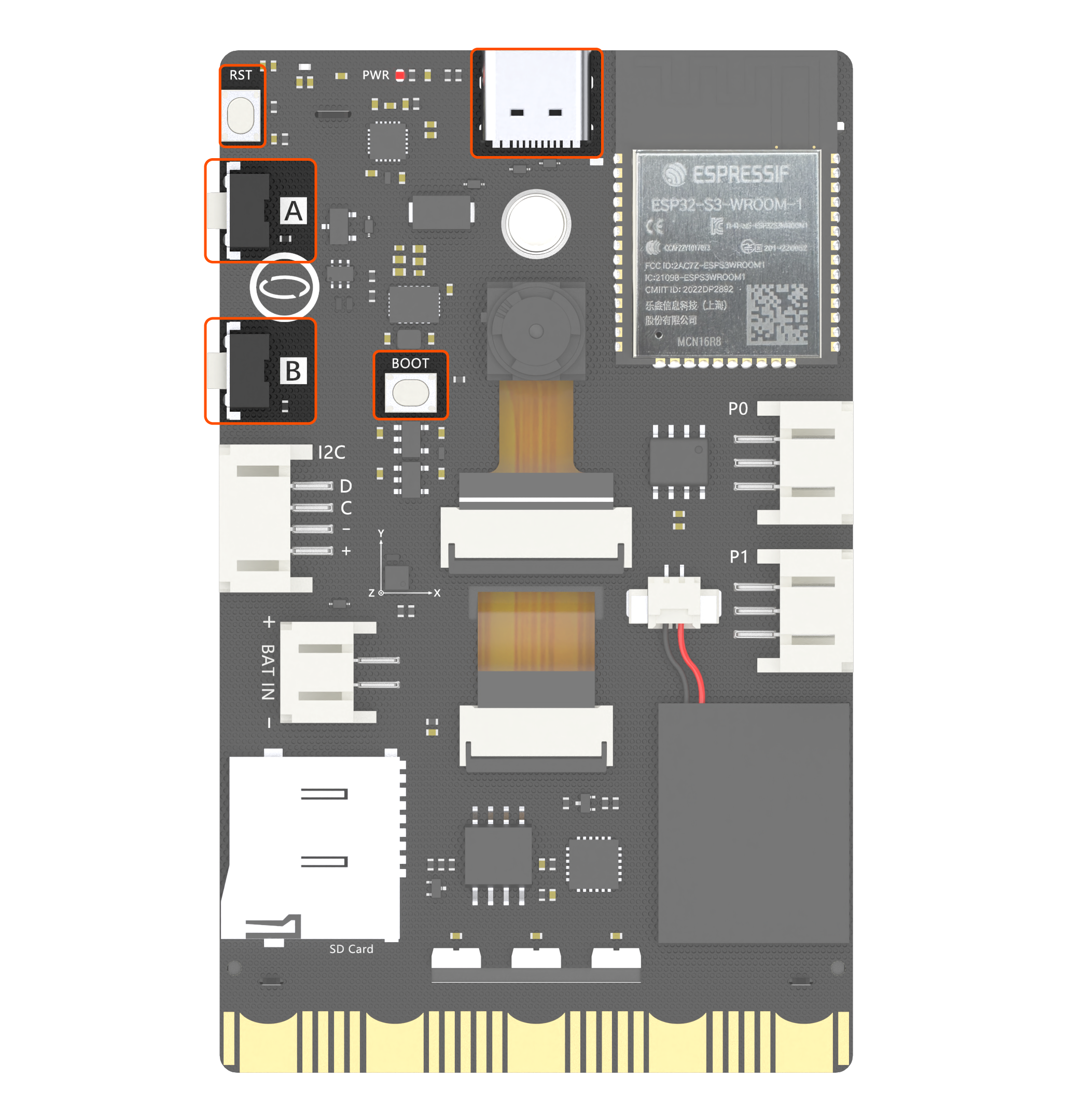 Back of UNIHIKER K10 with the USB connector and A, B, BOOT, and RST buttons outlined.