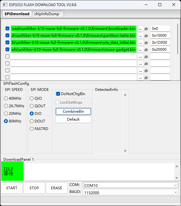 ESP Flash Download Tool with four K10 firmware files and offsets, DIO, 80 MHz selected, and DoNotChgBin enabled.
