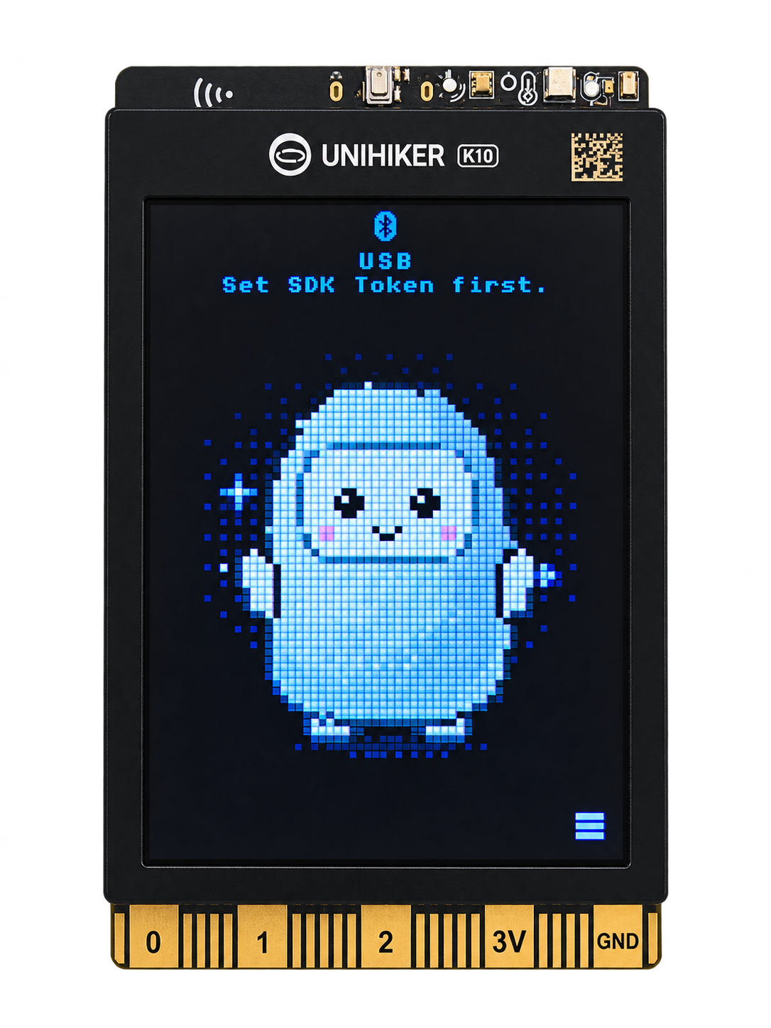 K10 first-start screen showing the Muse avatar and the USB prompt: Set SDK Token first.