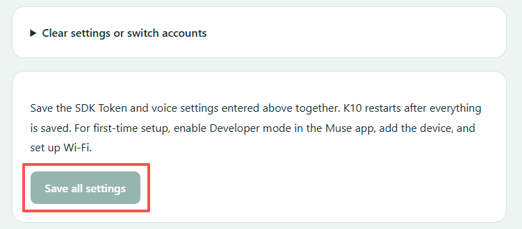 Save all settings button highlighted at the bottom of the K10 USB setup page.