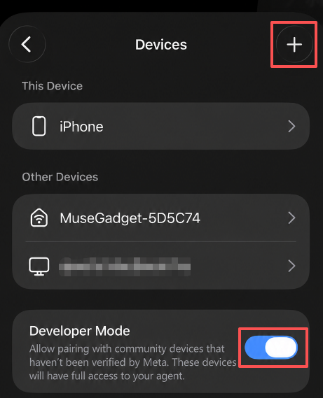 Muse app Devices screen with Developer Mode enabled and the add-device plus button highlighted.